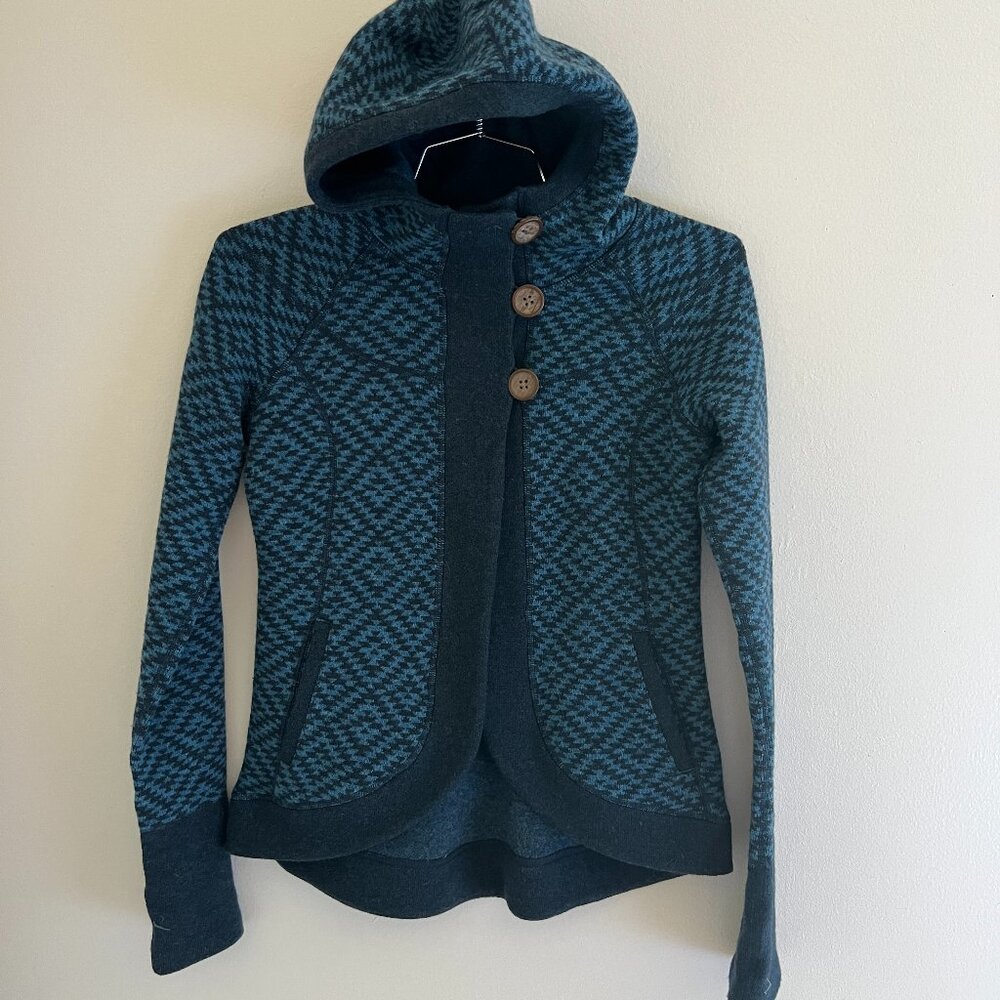 Marmot Tara Wool Cardigan Sweater XS Blue Hooded Warm Wood Buttons